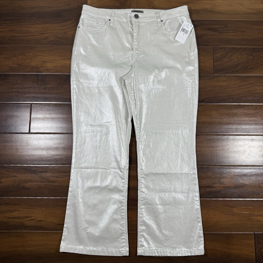 Kut from the Kloth Size 16 Coated Silver Pearl Kelsey Hi Rise Ankle Flare Jeans